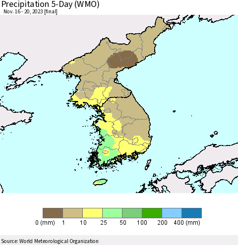Korea Precipitation 5-Day (WMO) Thematic Map For 11/16/2023 - 11/20/2023