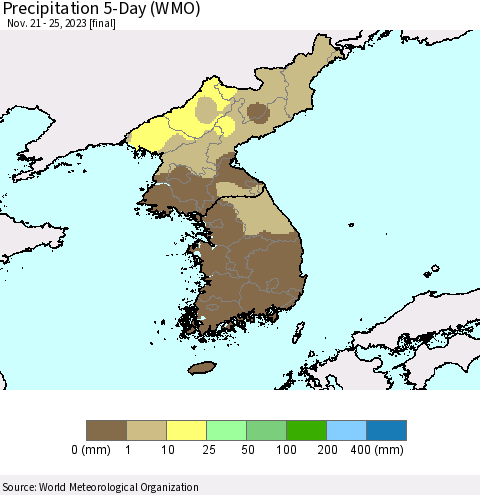 Korea Precipitation 5-Day (WMO) Thematic Map For 11/21/2023 - 11/25/2023