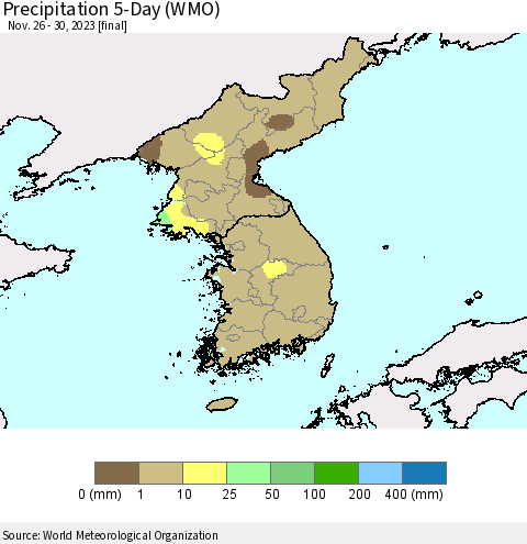 Korea Precipitation 5-Day (WMO) Thematic Map For 11/26/2023 - 11/30/2023
