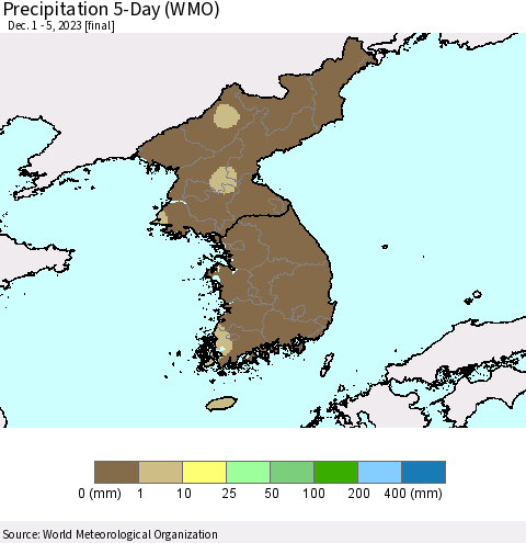 Korea Precipitation 5-Day (WMO) Thematic Map For 12/1/2023 - 12/5/2023