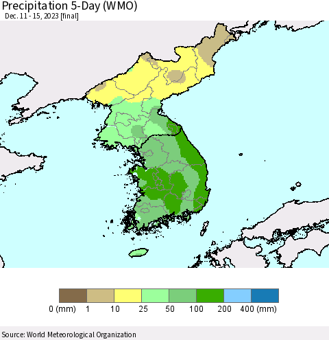 Korea Precipitation 5-Day (WMO) Thematic Map For 12/11/2023 - 12/15/2023