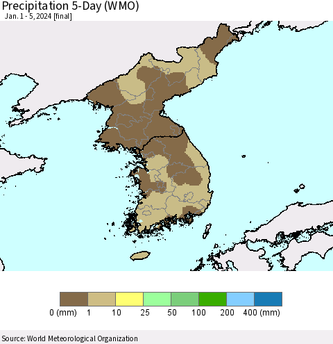 Korea Precipitation 5-Day (WMO) Thematic Map For 1/1/2024 - 1/5/2024