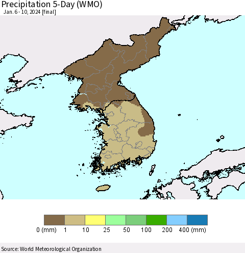Korea Precipitation 5-Day (WMO) Thematic Map For 1/6/2024 - 1/10/2024