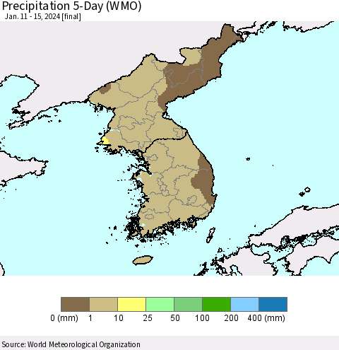 Korea Precipitation 5-Day (WMO) Thematic Map For 1/11/2024 - 1/15/2024