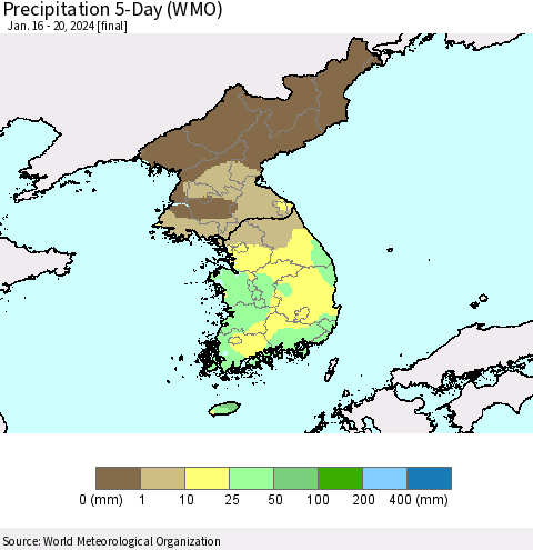 Korea Precipitation 5-Day (WMO) Thematic Map For 1/16/2024 - 1/20/2024