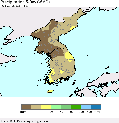 Korea Precipitation 5-Day (WMO) Thematic Map For 1/21/2024 - 1/25/2024