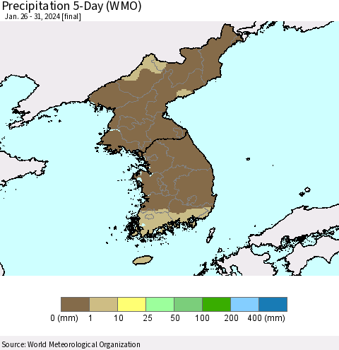 Korea Precipitation 5-Day (WMO) Thematic Map For 1/26/2024 - 1/31/2024