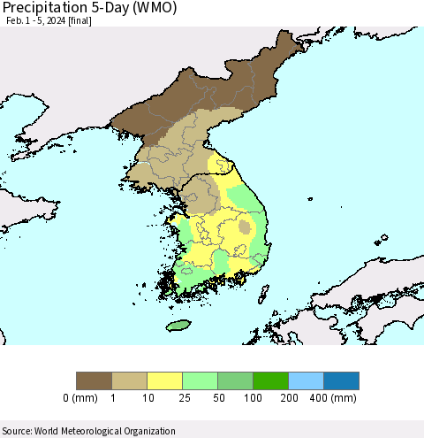 Korea Precipitation 5-Day (WMO) Thematic Map For 2/1/2024 - 2/5/2024