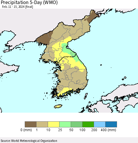 Korea Precipitation 5-Day (WMO) Thematic Map For 2/11/2024 - 2/15/2024