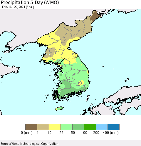 Korea Precipitation 5-Day (WMO) Thematic Map For 2/16/2024 - 2/20/2024