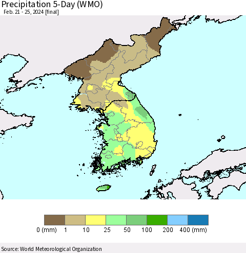 Korea Precipitation 5-Day (WMO) Thematic Map For 2/21/2024 - 2/25/2024