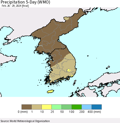 Korea Precipitation 5-Day (WMO) Thematic Map For 2/26/2024 - 2/29/2024