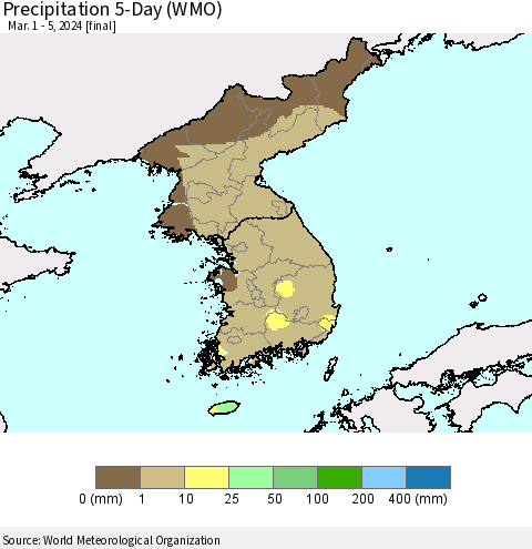 Korea Precipitation 5-Day (WMO) Thematic Map For 3/1/2024 - 3/5/2024