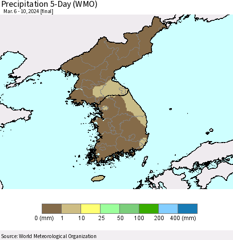 Korea Precipitation 5-Day (WMO) Thematic Map For 3/6/2024 - 3/10/2024