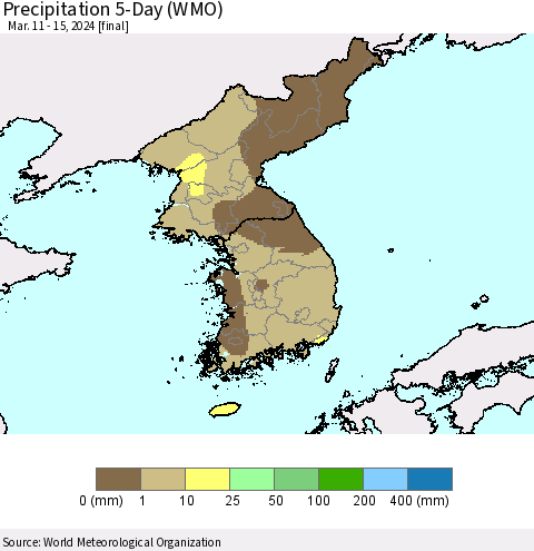 Korea Precipitation 5-Day (WMO) Thematic Map For 3/11/2024 - 3/15/2024