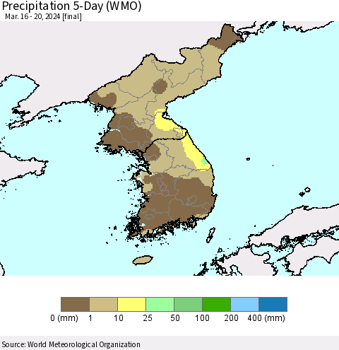 Korea Precipitation 5-Day (WMO) Thematic Map For 3/16/2024 - 3/20/2024
