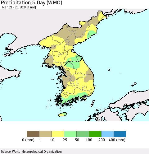 Korea Precipitation 5-Day (WMO) Thematic Map For 3/21/2024 - 3/25/2024