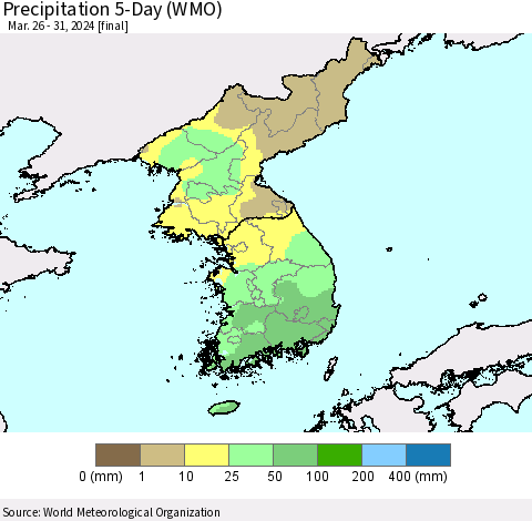 Korea Precipitation 5-Day (WMO) Thematic Map For 3/26/2024 - 3/31/2024