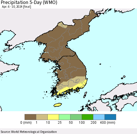 Korea Precipitation 5-Day (WMO) Thematic Map For 4/6/2024 - 4/10/2024