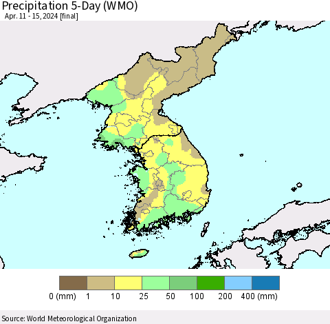 Korea Precipitation 5-Day (WMO) Thematic Map For 4/11/2024 - 4/15/2024