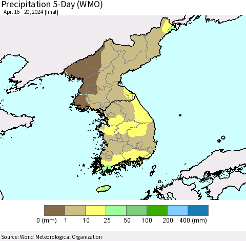 Korea Precipitation 5-Day (WMO) Thematic Map For 4/16/2024 - 4/20/2024
