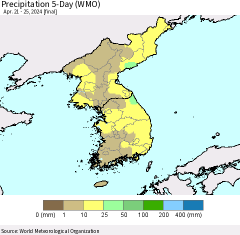 Korea Precipitation 5-Day (WMO) Thematic Map For 4/21/2024 - 4/25/2024