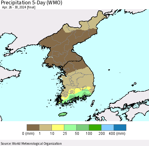 Korea Precipitation 5-Day (WMO) Thematic Map For 4/26/2024 - 4/30/2024
