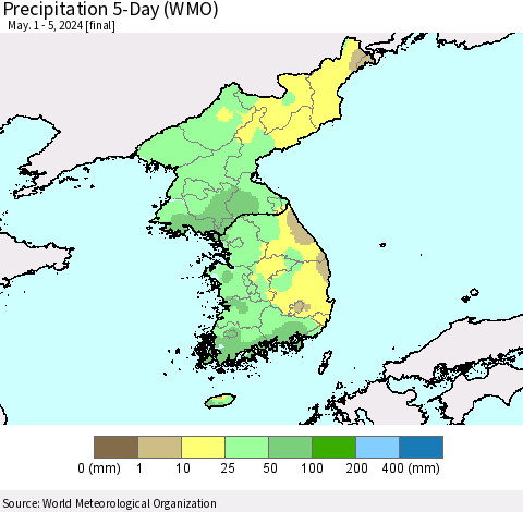 Korea Precipitation 5-Day (WMO) Thematic Map For 5/1/2024 - 5/5/2024