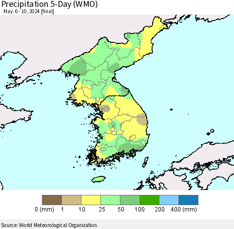 Korea Precipitation 5-Day (WMO) Thematic Map For 5/6/2024 - 5/10/2024