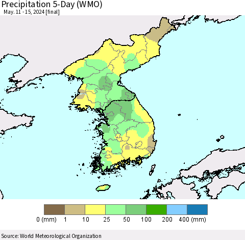 Korea Precipitation 5-Day (WMO) Thematic Map For 5/11/2024 - 5/15/2024