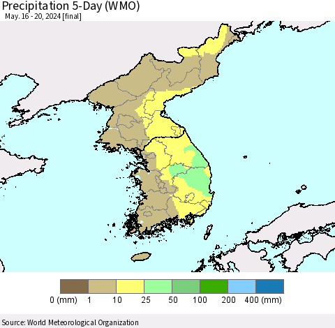 Korea Precipitation 5-Day (WMO) Thematic Map For 5/16/2024 - 5/20/2024