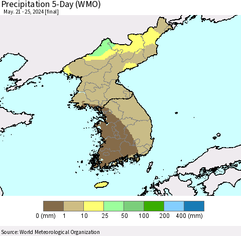 Korea Precipitation 5-Day (WMO) Thematic Map For 5/21/2024 - 5/25/2024