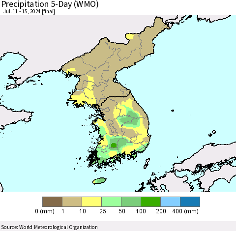 Korea Precipitation 5-Day (WMO) Thematic Map For 7/11/2024 - 7/15/2024