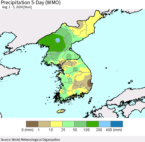 Korea Precipitation 5-Day (WMO) Thematic Map For 8/1/2024 - 8/5/2024