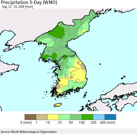 Korea Precipitation 5-Day (WMO) Thematic Map For 8/21/2024 - 8/25/2024