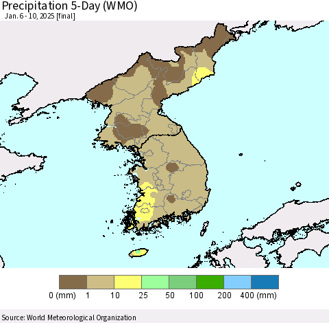 Korea Precipitation 5-Day (WMO) Thematic Map For 1/6/2025 - 1/10/2025