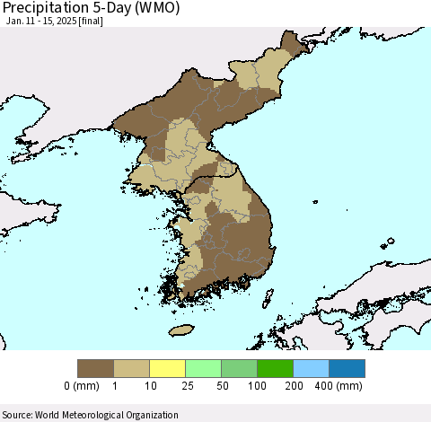 Korea Precipitation 5-Day (WMO) Thematic Map For 1/11/2025 - 1/15/2025