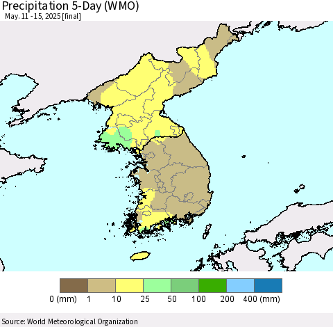 Korea Precipitation 5-Day (WMO) Thematic Map For 5/11/2025 - 5/15/2025