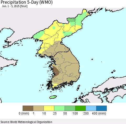 Korea Precipitation 5-Day (WMO) Thematic Map For 6/1/2025 - 6/5/2025
