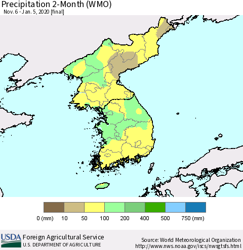 Korea Precipitation 2-Month (WMO) Thematic Map For 11/6/2019 - 1/5/2020