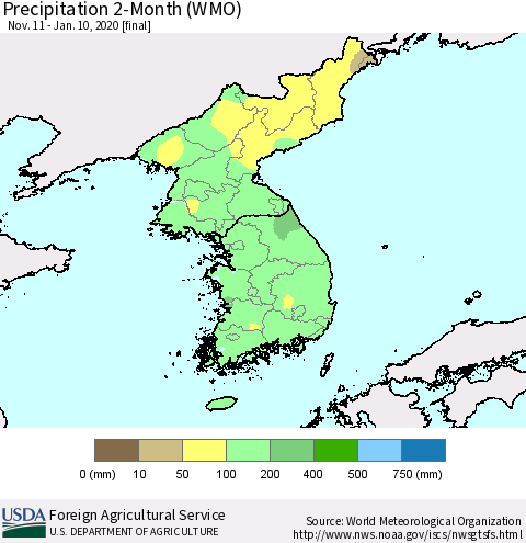 Korea Precipitation 2-Month (WMO) Thematic Map For 11/11/2019 - 1/10/2020