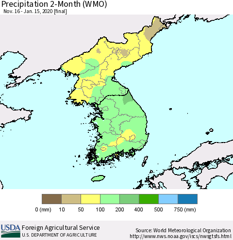 Korea Precipitation 2-Month (WMO) Thematic Map For 11/16/2019 - 1/15/2020
