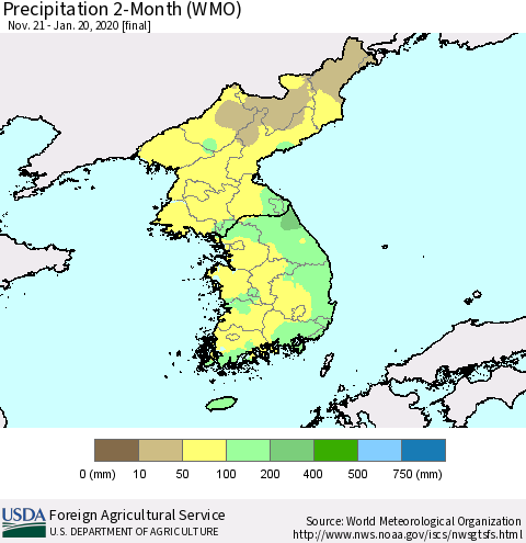 Korea Precipitation 2-Month (WMO) Thematic Map For 11/21/2019 - 1/20/2020