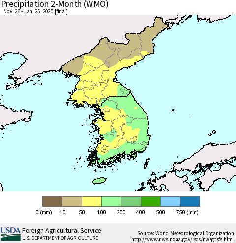 Korea Precipitation 2-Month (WMO) Thematic Map For 11/26/2019 - 1/25/2020