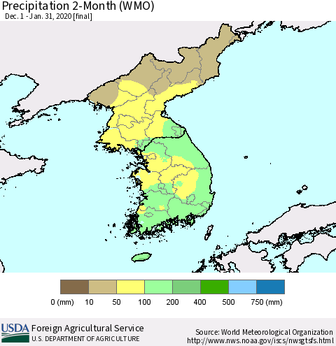 Korea Precipitation 2-Month (WMO) Thematic Map For 12/1/2019 - 1/31/2020