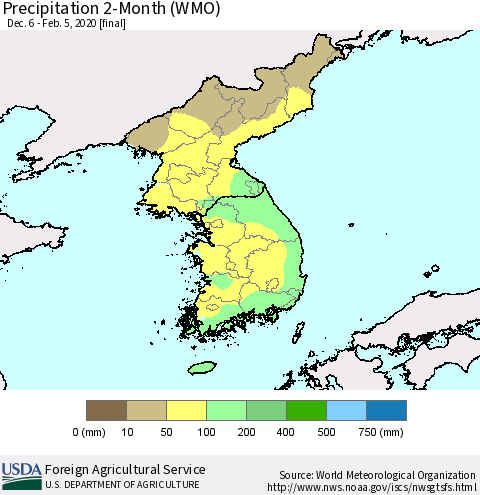 Korea Precipitation 2-Month (WMO) Thematic Map For 12/6/2019 - 2/5/2020