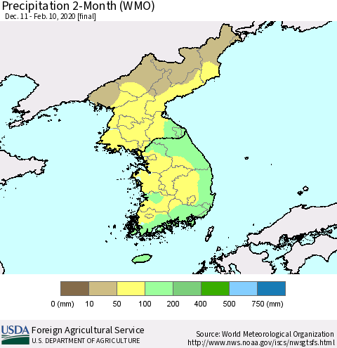 Korea Precipitation 2-Month (WMO) Thematic Map For 12/11/2019 - 2/10/2020