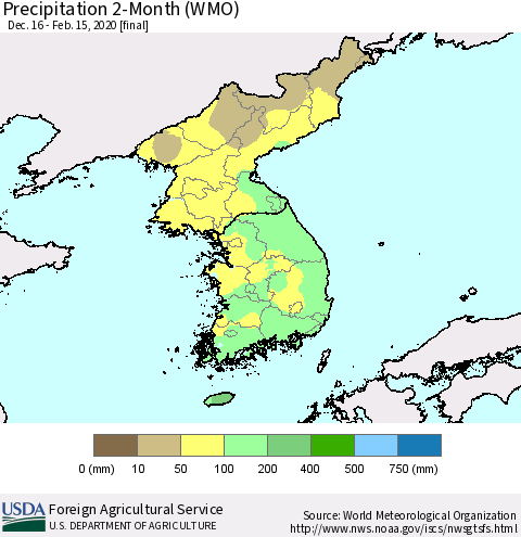 Korea Precipitation 2-Month (WMO) Thematic Map For 12/16/2019 - 2/15/2020