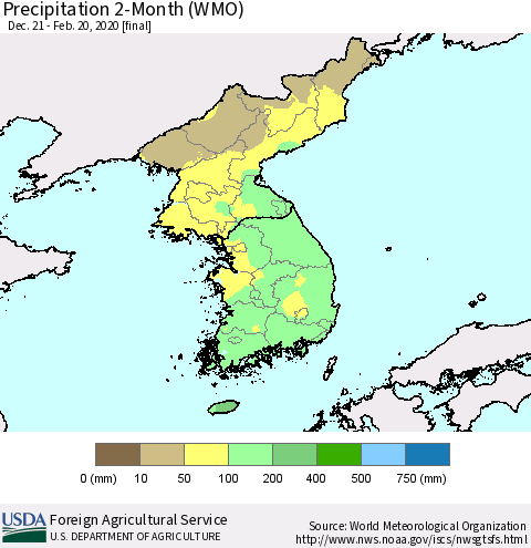 Korea Precipitation 2-Month (WMO) Thematic Map For 12/21/2019 - 2/20/2020
