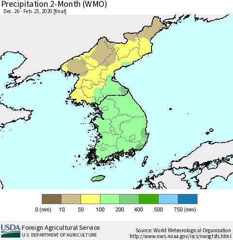 Korea Precipitation 2-Month (WMO) Thematic Map For 12/26/2019 - 2/25/2020